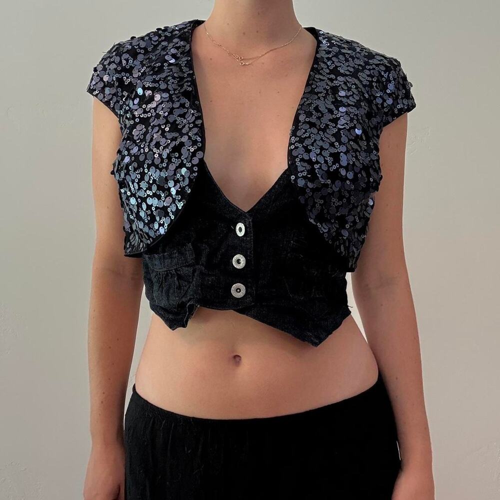 Black and blue sequin cardigan top